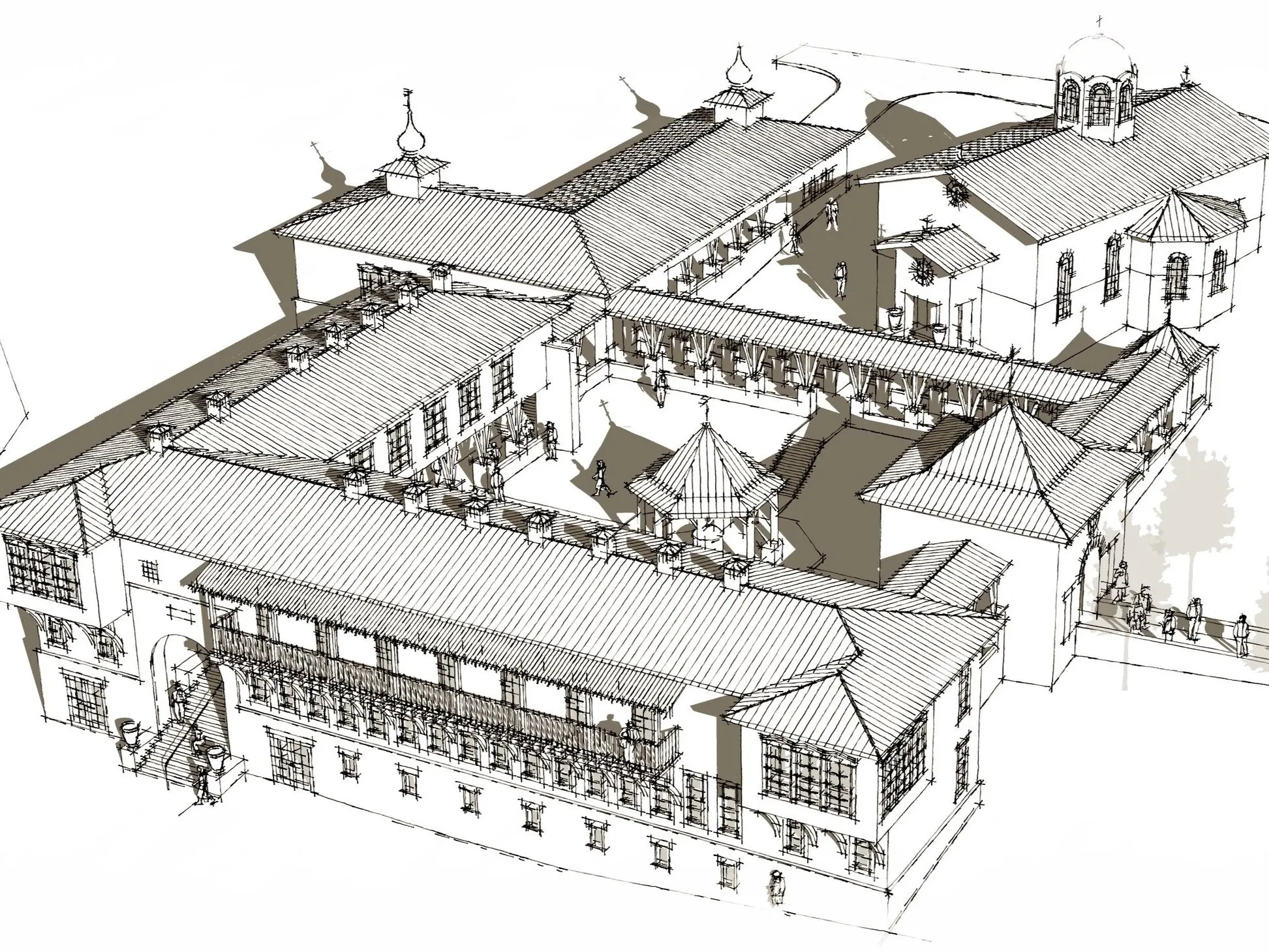 Mark Headley’s pen sketch of the monastery: tiled-roof wings with arcaded balconies enclosing a central courtyard.