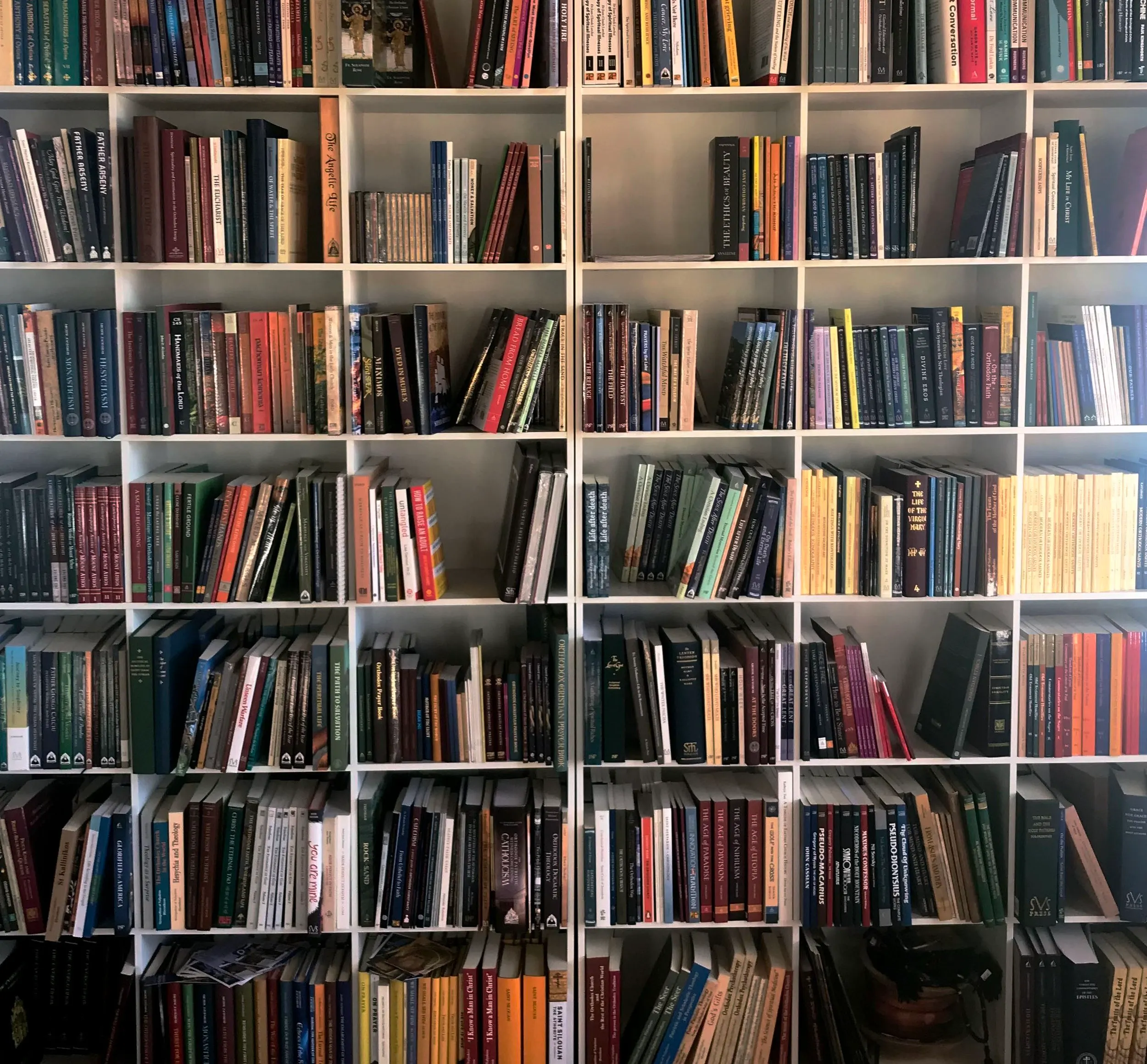Floor-to-ceiling shelves of books in the monastery’s lending library.
