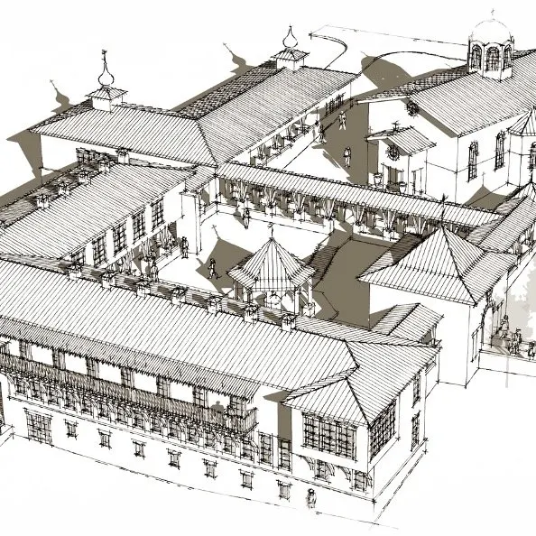 Architect Mark Headley’s pen drawing of the planned Athonite-style monastery, its wings arranged around a central courtyard.