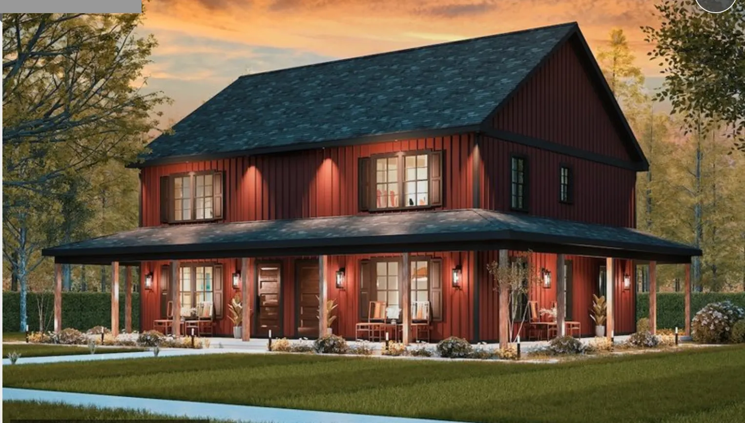 Rendering of the planned residence: a two-story dark red timber building with a wraparound porch, lit warmly at dusk.